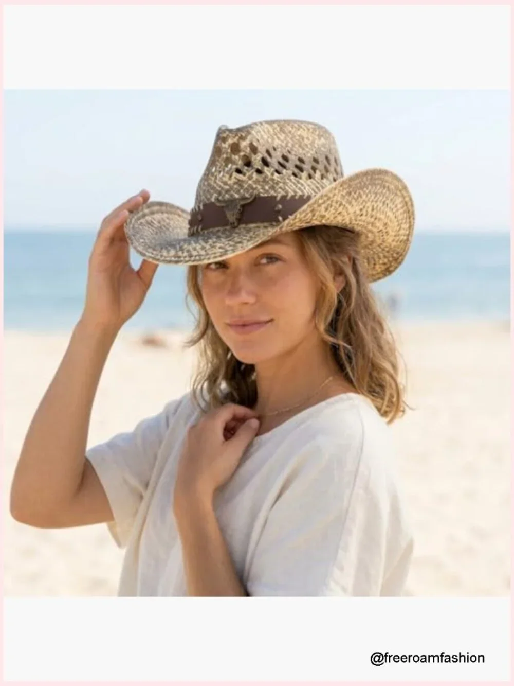 Straw Cowboy Hat with Bull Headband - Woven Wide Brim Sun Hat with Chin Strap